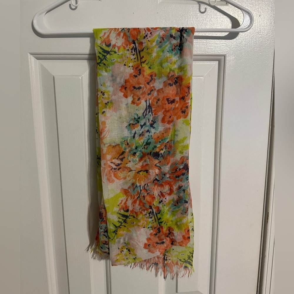 Floral Print Scarf with Orange and Green Accents - Picture 3 of 7
